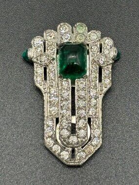 Vintage Large Pot Metal Dress Clip W/Rhinestones Green Cabochon Bullet Cabochons